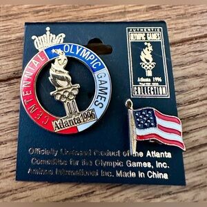 Vintage Aminco 1996 Centennial Olympic Games & Red Blue White USA Flag Lapel Pin
